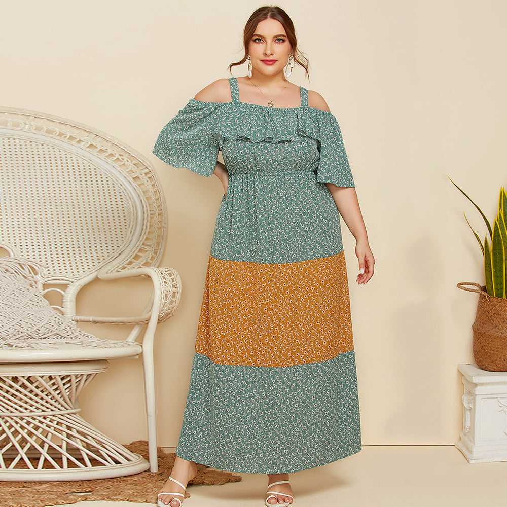 Plus Size Women Flounces Contrast Color Loose Flower Skirt Long Dress Sai Feel