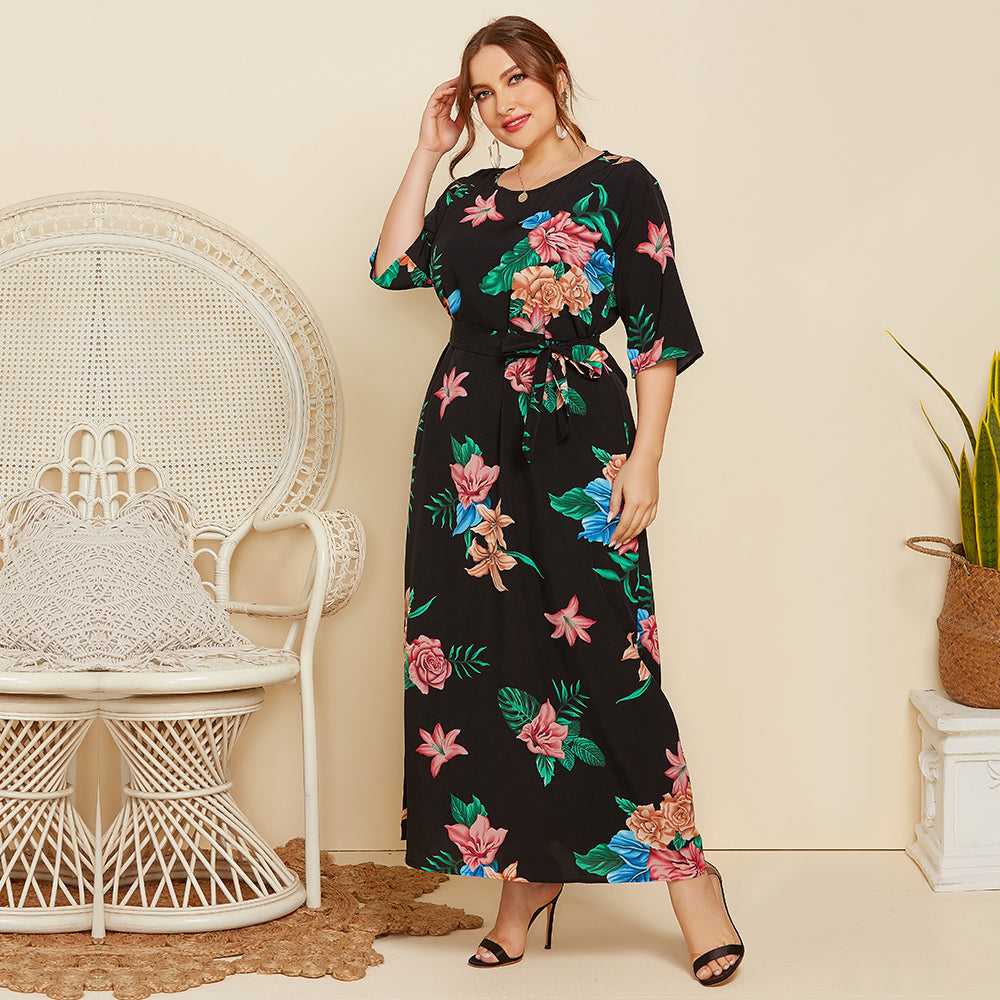 Plus Size Women Flower Printing Round Neck Middle Sleeve Dress with Belt Sai Feel