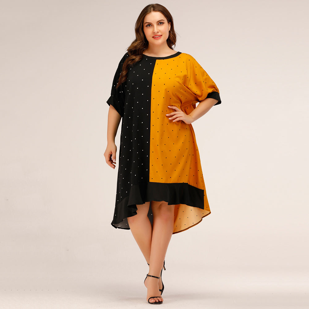 Plus Size Women Loose Fashion Collision Color Point Dress Sai Feel
