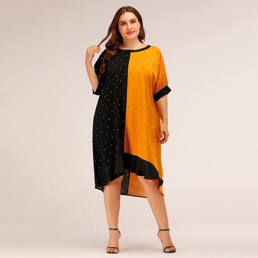 Plus Size Women Loose Fashion Collision Color Point Dress Sai Feel