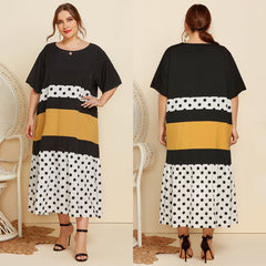 Plus Size Women Polka Dot Short Sleeves Loose Round Neck Contrast Color Dress Sai Feel
