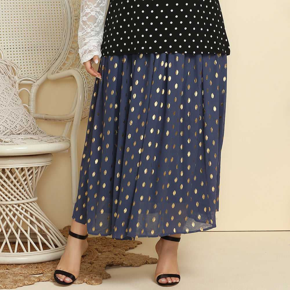 Plus Size Women Print Polka-dot Elastic Waist Chiffon Long Skirt Sai Feel