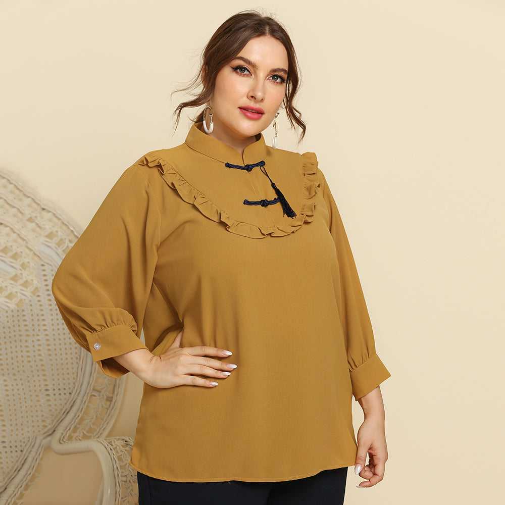 Plus Size Women Retro Style Stand Collar Ruffle Trim Solid Color Casual Shirt Top Blouse Sai Feel