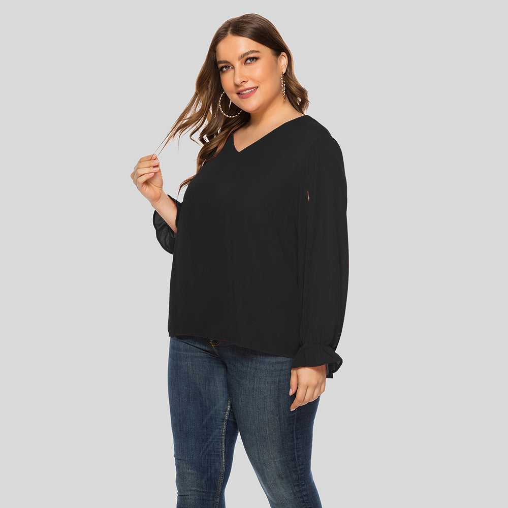 Plus Size Women Solid V-neck Puffy Sleeve Loose Long Sleeve Chiffon Blouse Shirt Sai Feel