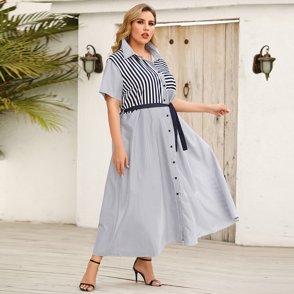 Plus Size Women Stripe Labpel Short Sleeve Dress Sai Feel