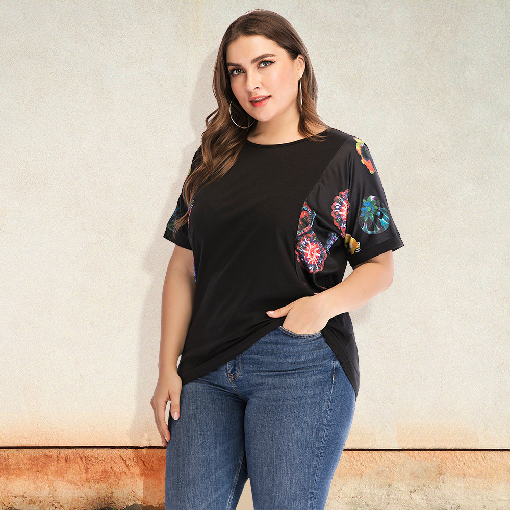 Plus Size Women Summer Patchwork Round Neck Causal Short Sleeve T Shirt Sai Feel