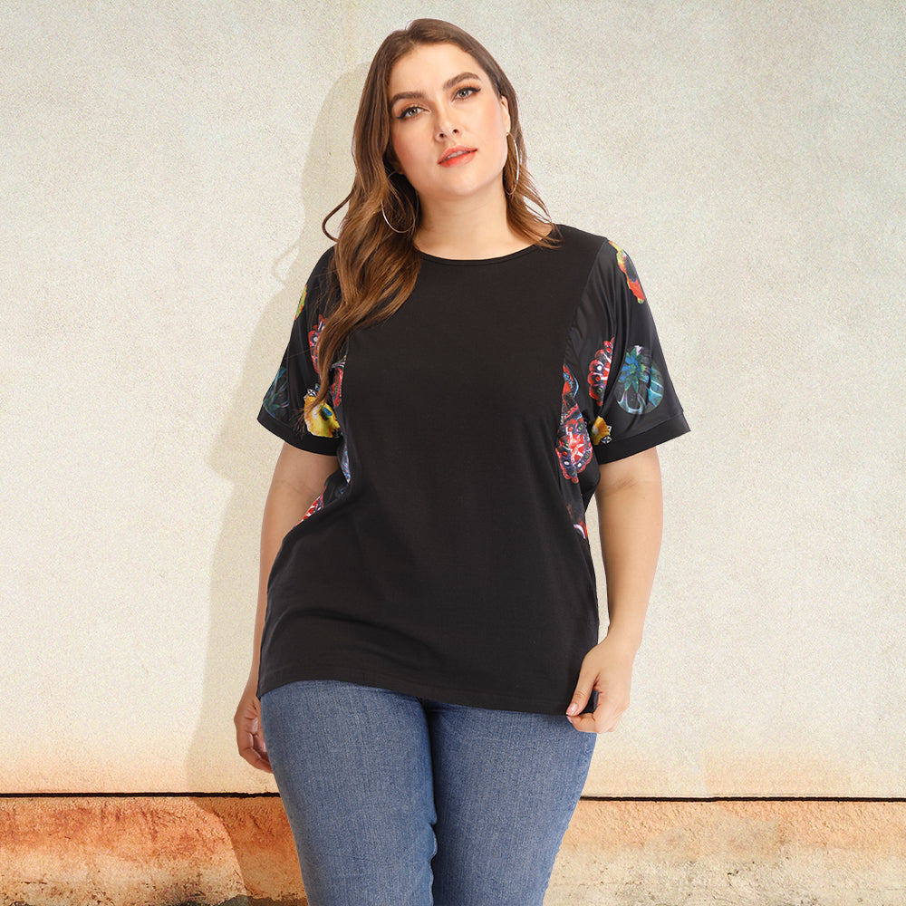 Plus Size Women Summer Patchwork Round Neck Causal Short Sleeve T Shirt Sai Feel