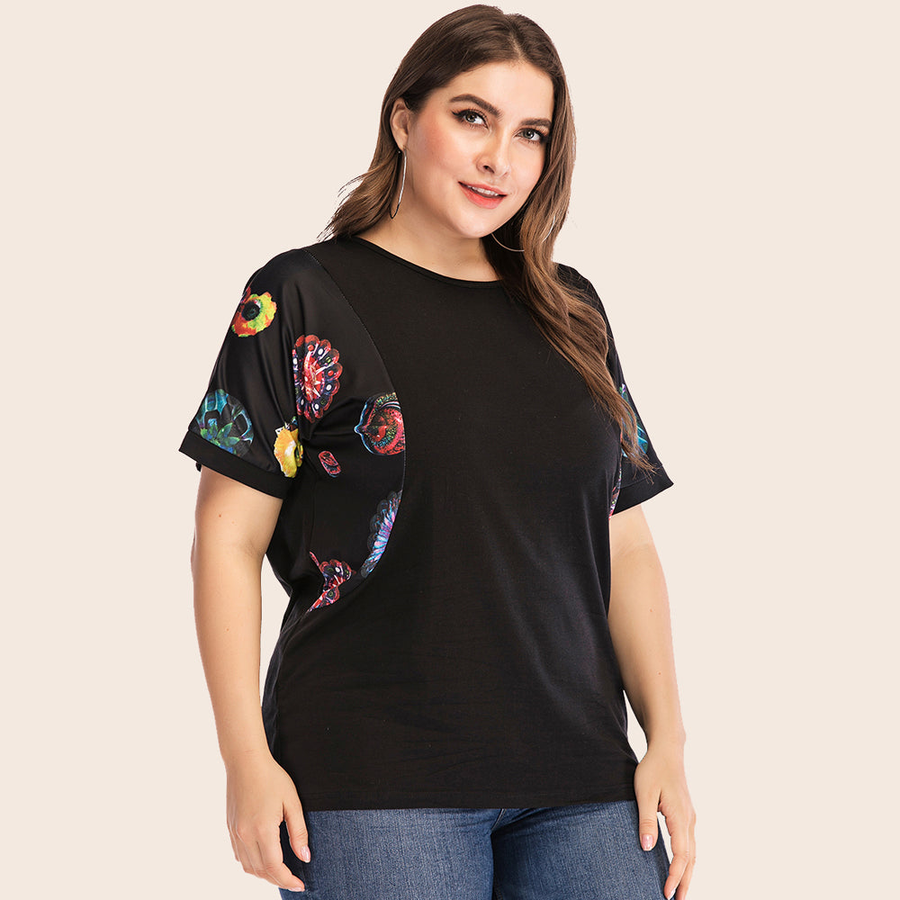 Plus Size Women Summer Patchwork Round Neck Causal Short Sleeve T Shirt Sai Feel