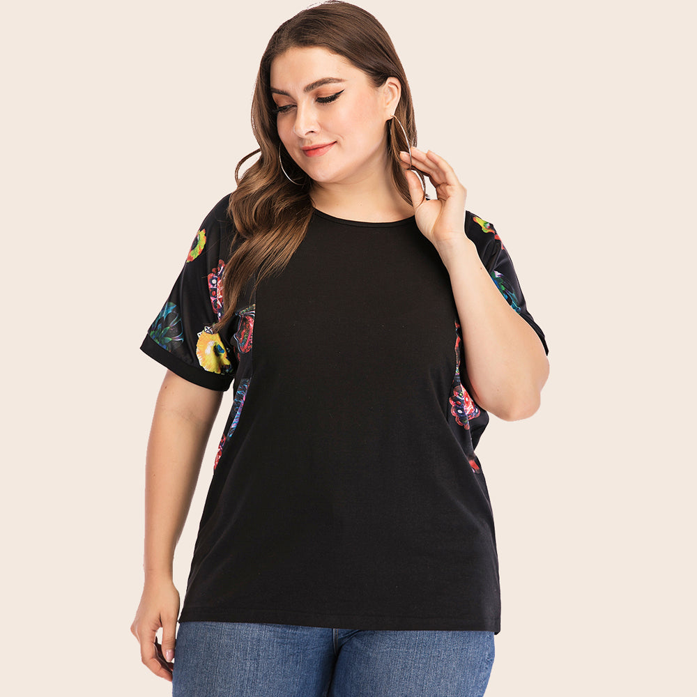 Plus Size Women Summer Patchwork Round Neck Causal Short Sleeve T Shirt Sai Feel