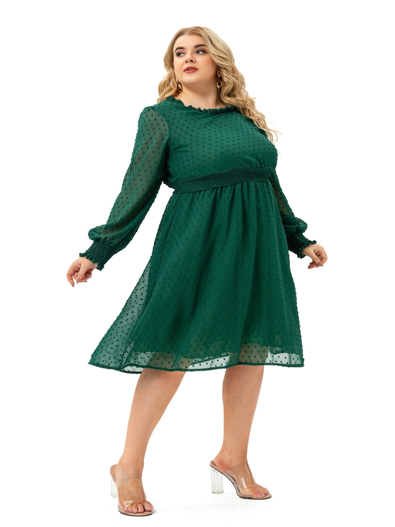 Plus Size Women's Fashion Spring Long Sleeve Smocking Midi Dress Sai Feel