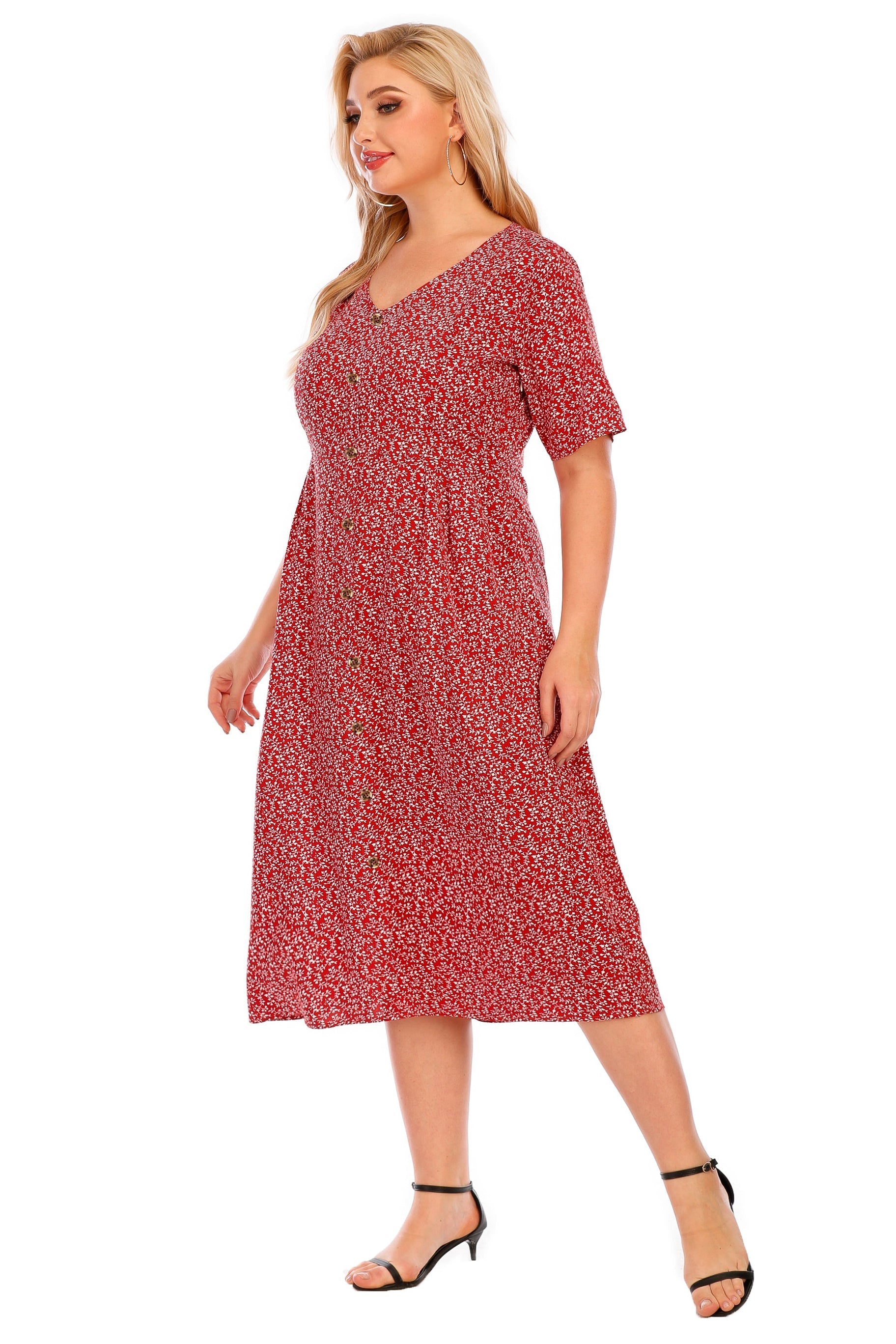 Plus Size Women's V neck Buttoned Dress with Side Pocket Sai Feel