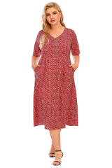 Plus Size Women's V neck Buttoned Dress with Side Pocket Sai Feel