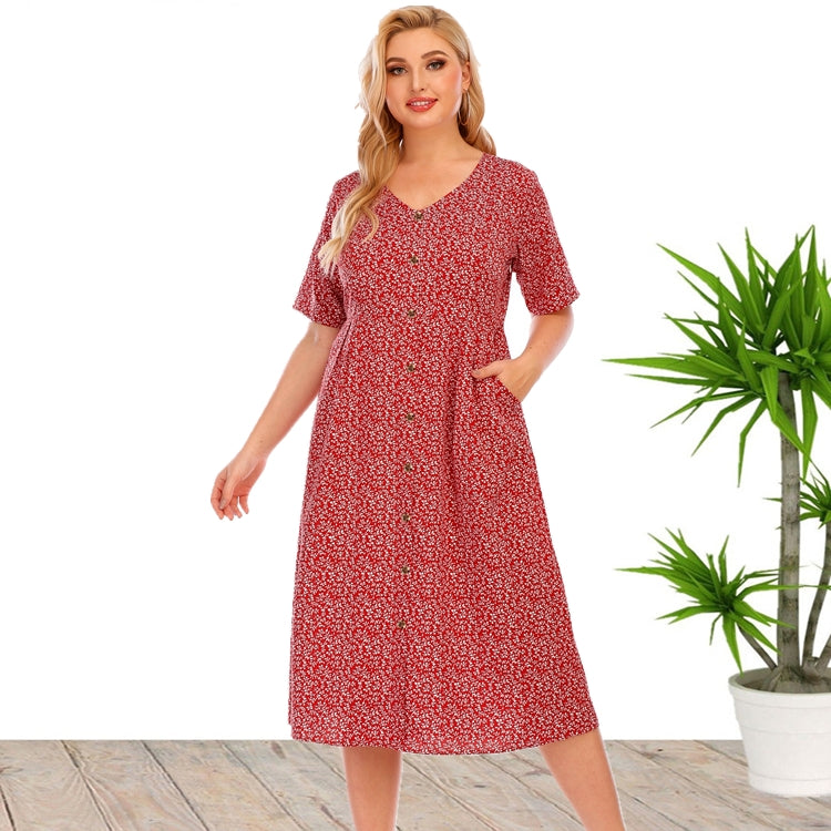 Plus Size Women's V neck Buttoned Dress with Side Pocket Sai Feel