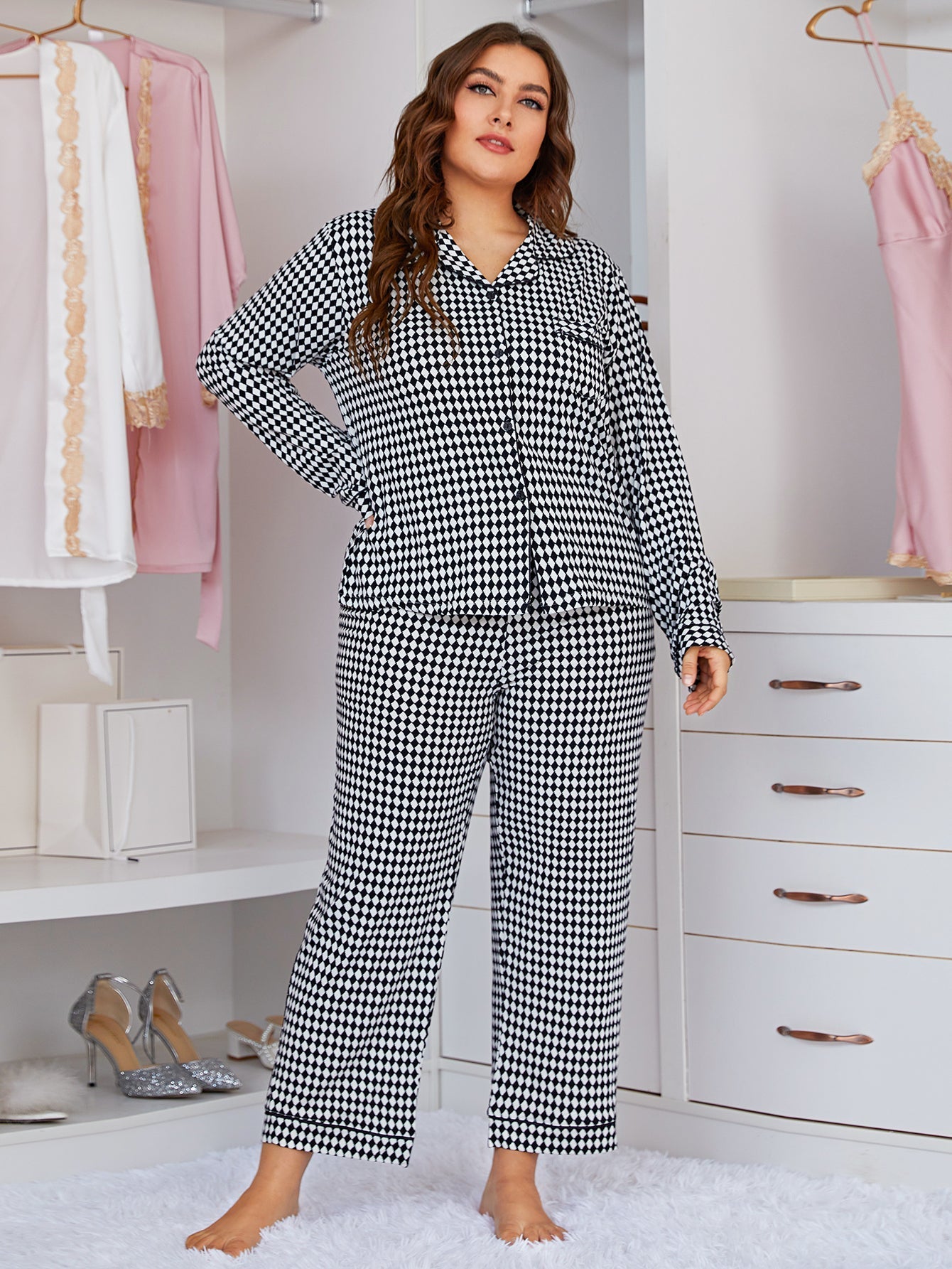 Plus Size Womens' Plaid Pajama Set-Long Sleeve Shirt and Pajama Pants Pj Set;Home Nightwear Sleepsuit Loungewear set,XL-4XL Sai Feel