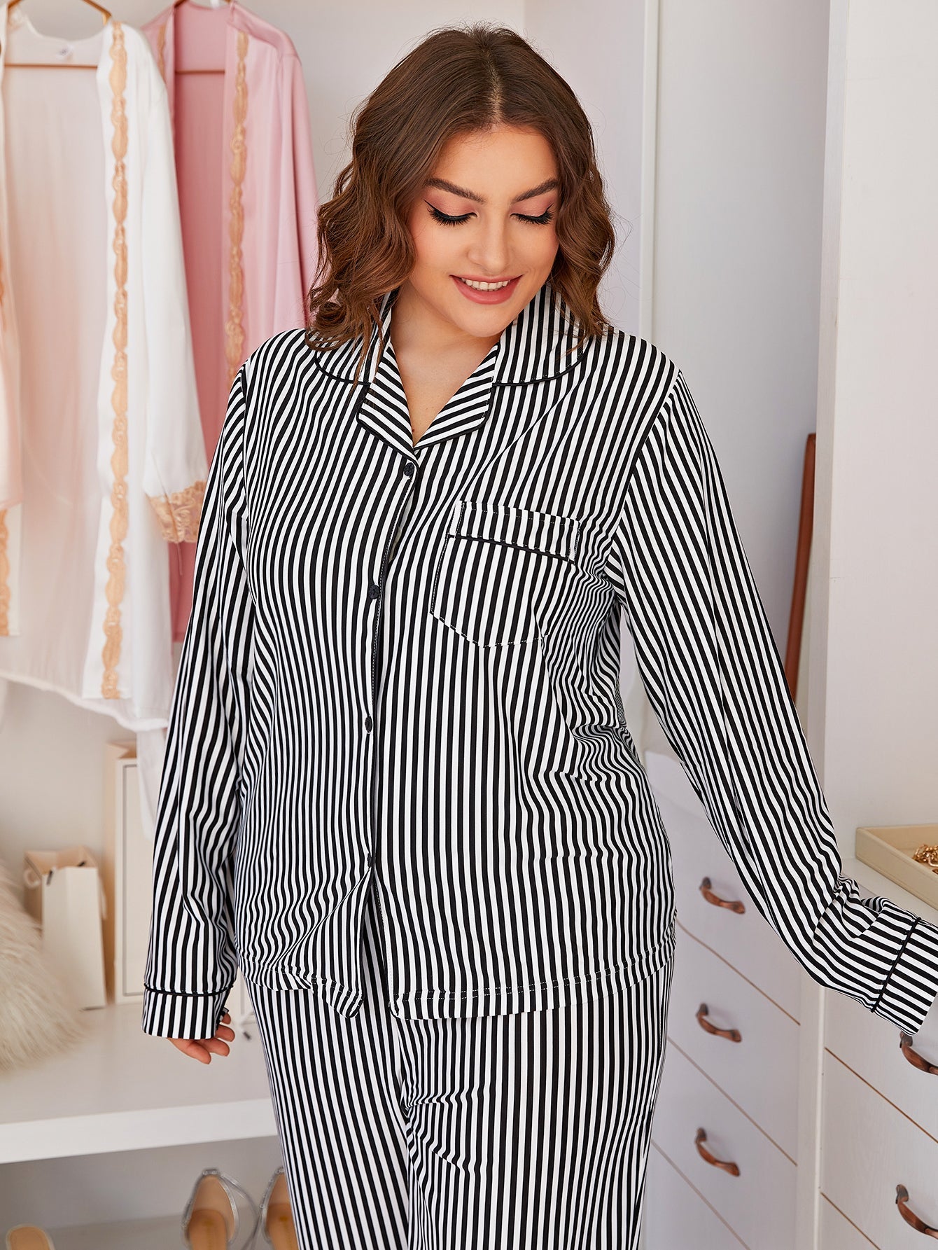 Plus Size Womens' Stripe Pajama Set-Long Sleeve Shirt and Pajama Pants Pj Set;Home Nightwear Sleepsuit Loungewear set,XL-4XL Sai Feel