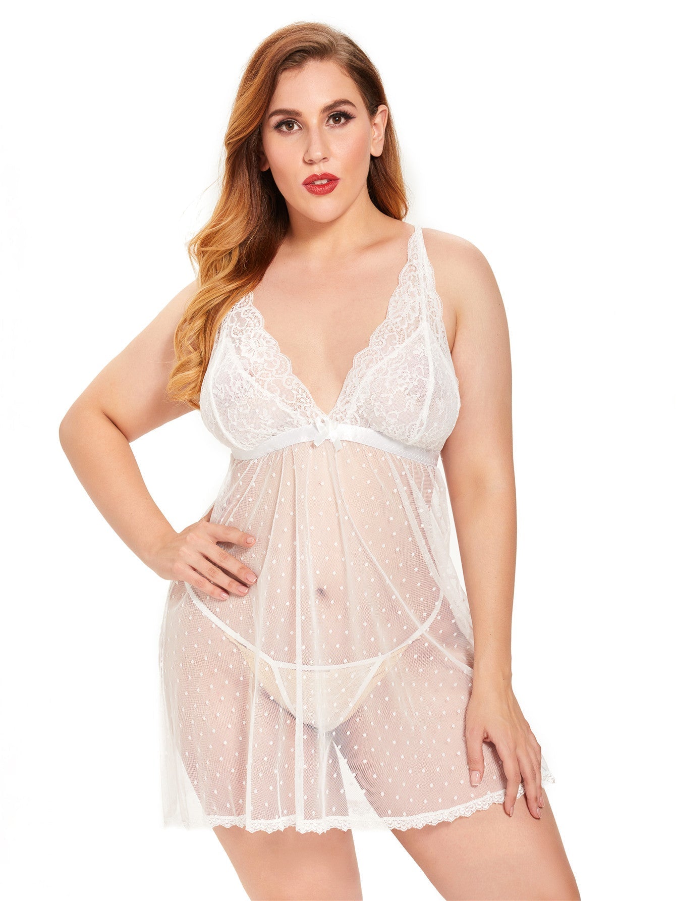 Plus Size(XL-4XL)Nightdress Sleepwear Floral Lace see through Mesh Woman's sexy Lingerie Dress with thongs Sai Feel