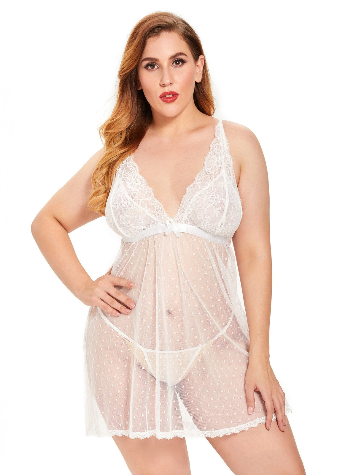 Plus Size(XL-4XL)Nightdress Sleepwear Floral Lace see through Mesh Woman's sexy Lingerie Dress with thongs Sai Feel