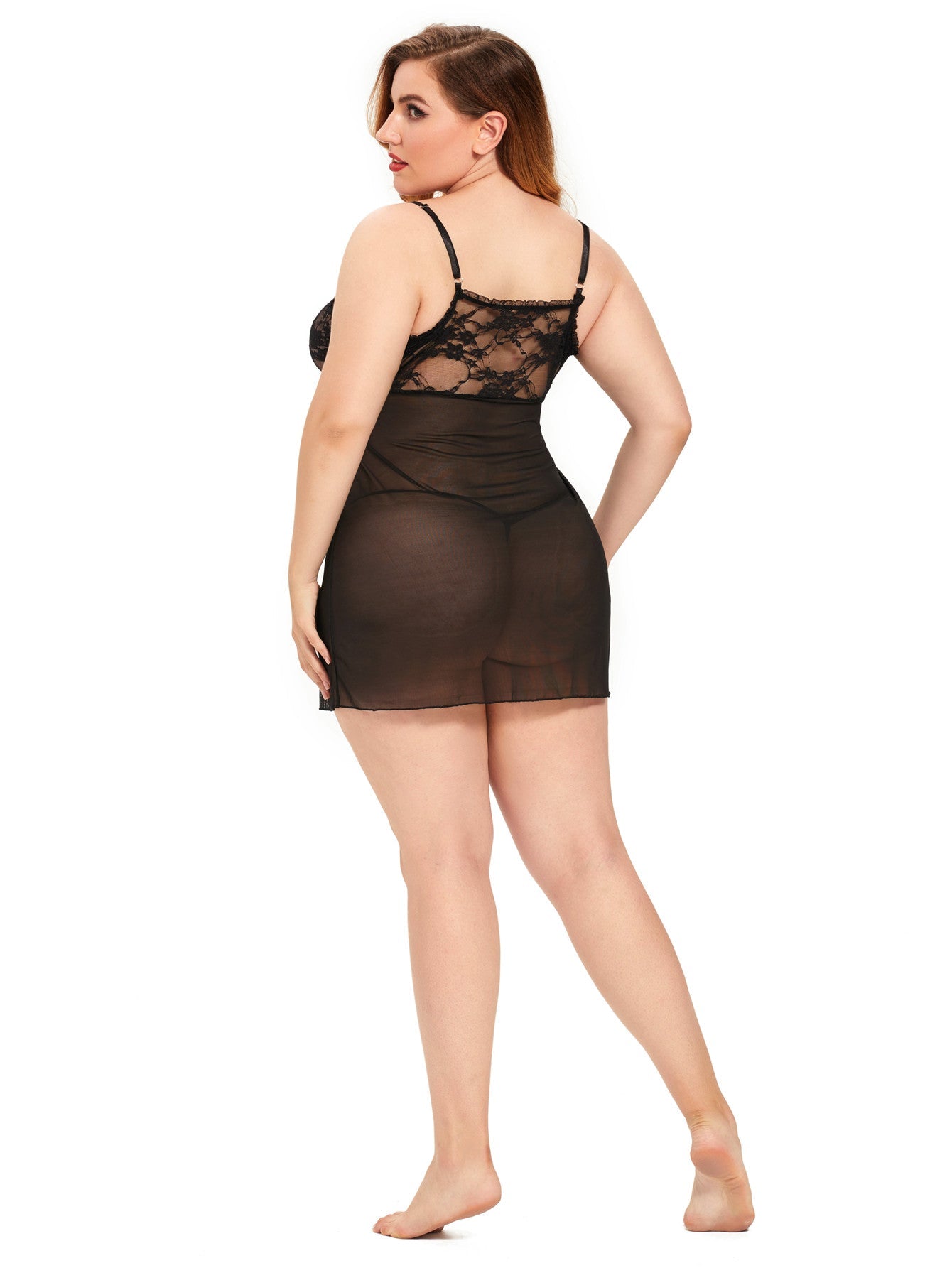 Plus Size(XL-4XL)Nightdress Sleepwear Floral Lace see through Mesh Woman's sexy Lingerie Dress with thongs Sai Feel