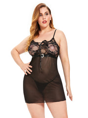 Plus Size(XL-4XL)Nightdress Sleepwear Floral Lace see through Mesh Woman's sexy Lingerie Dress with thongs Sai Feel