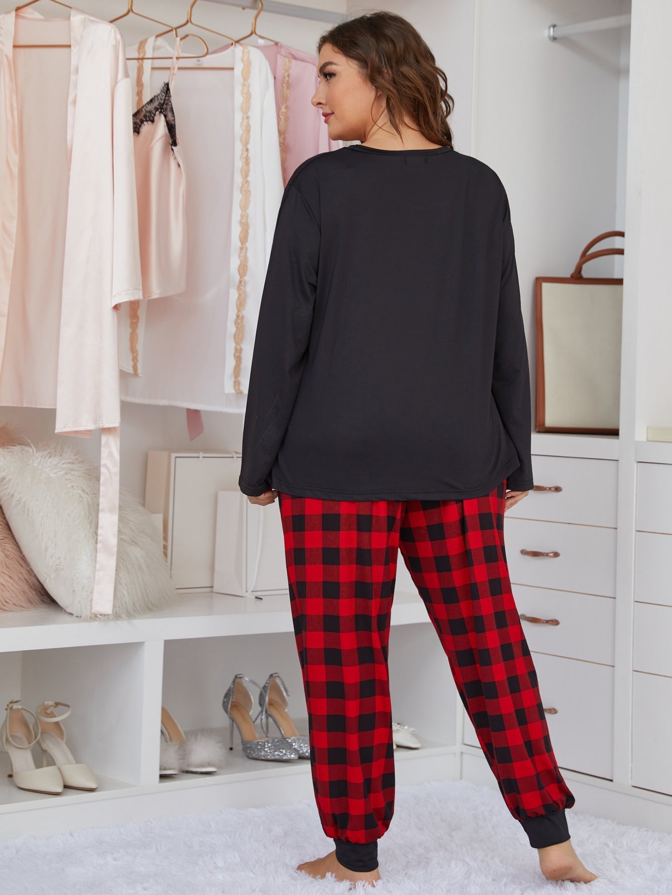 Plus Size  XL-4XL Womens' Pajama Set-Long Sleeve Shirt and Plaid Pajama Pants Pj Set;Home Nightwear Sleepsuit Loungewear set Sai Feel