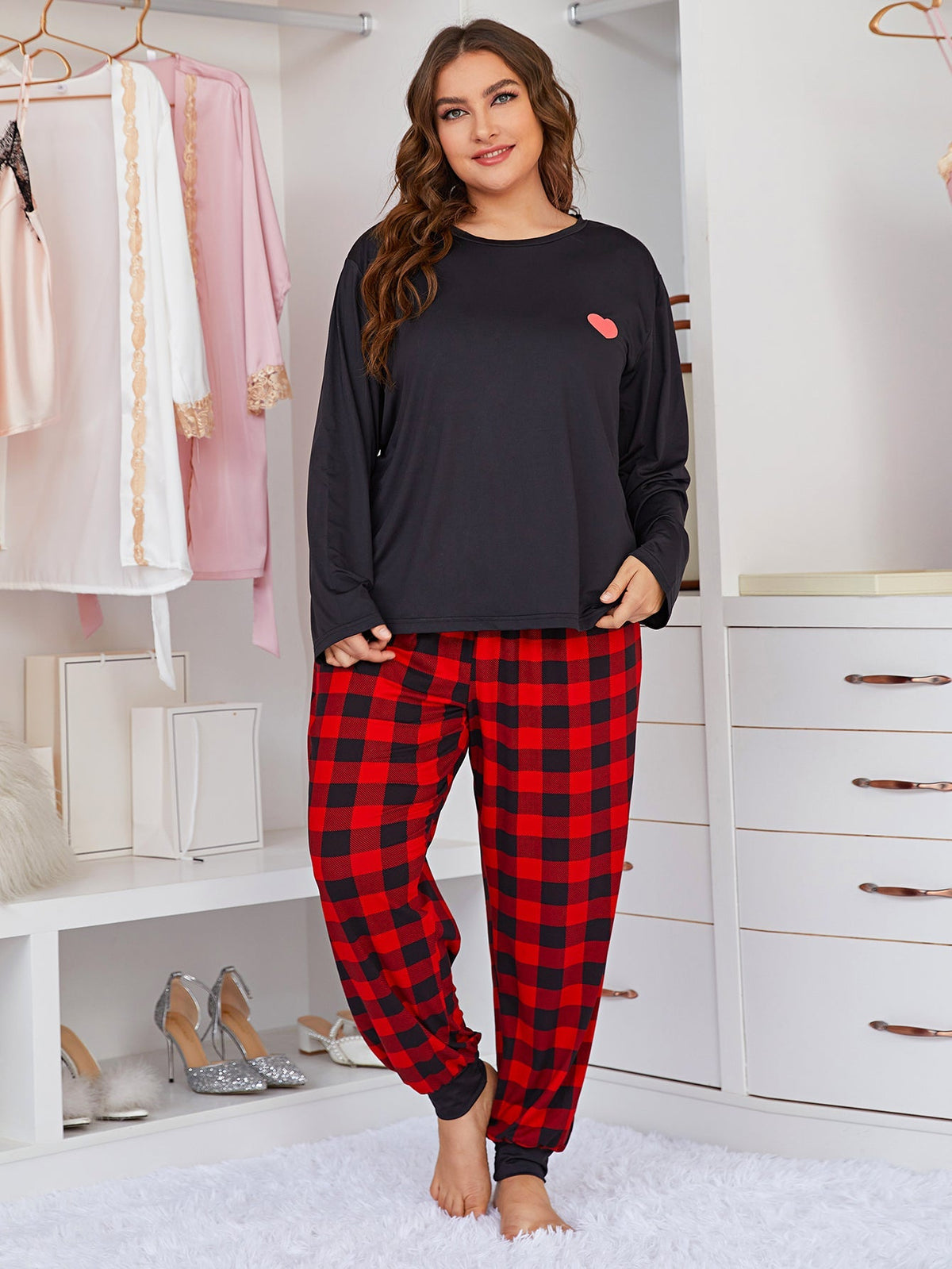 Plus Size  XL-4XL Womens' Pajama Set-Long Sleeve Shirt and Plaid Pajama Pants Pj Set;Home Nightwear Sleepsuit Loungewear set Sai Feel