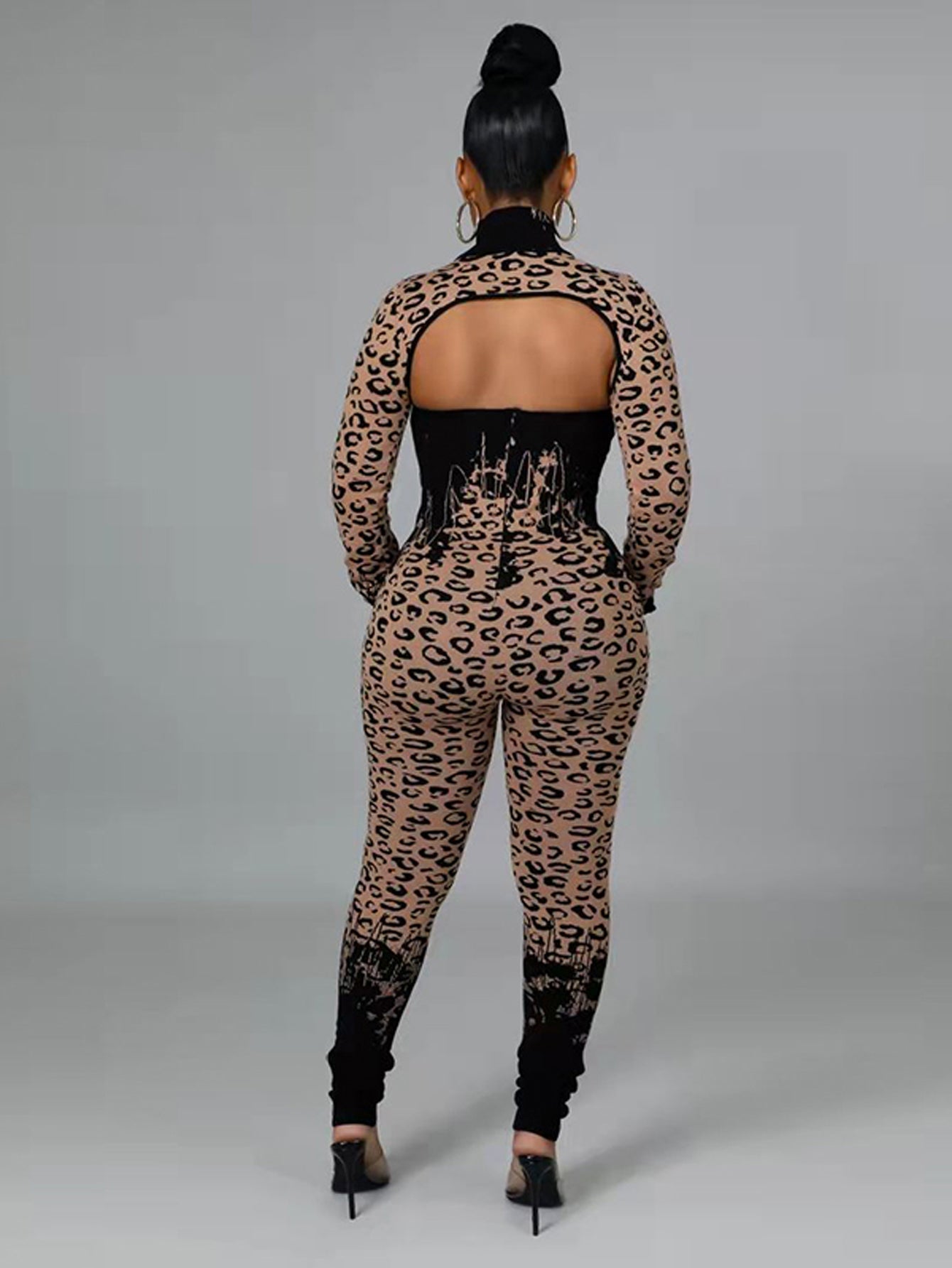 Plus Size leopard print Cut Out Top&Jumpsuit Set Sai Feel