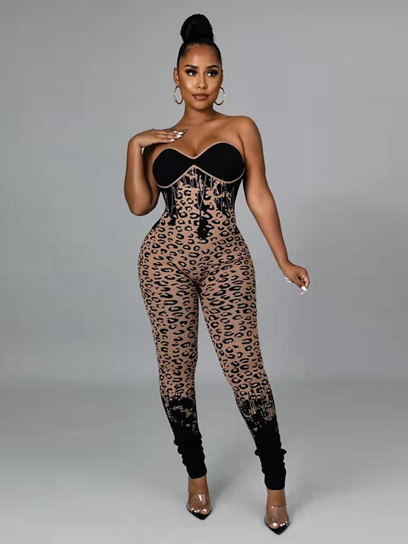 Plus Size leopard print Cut Out Top&Jumpsuit Set Sai Feel