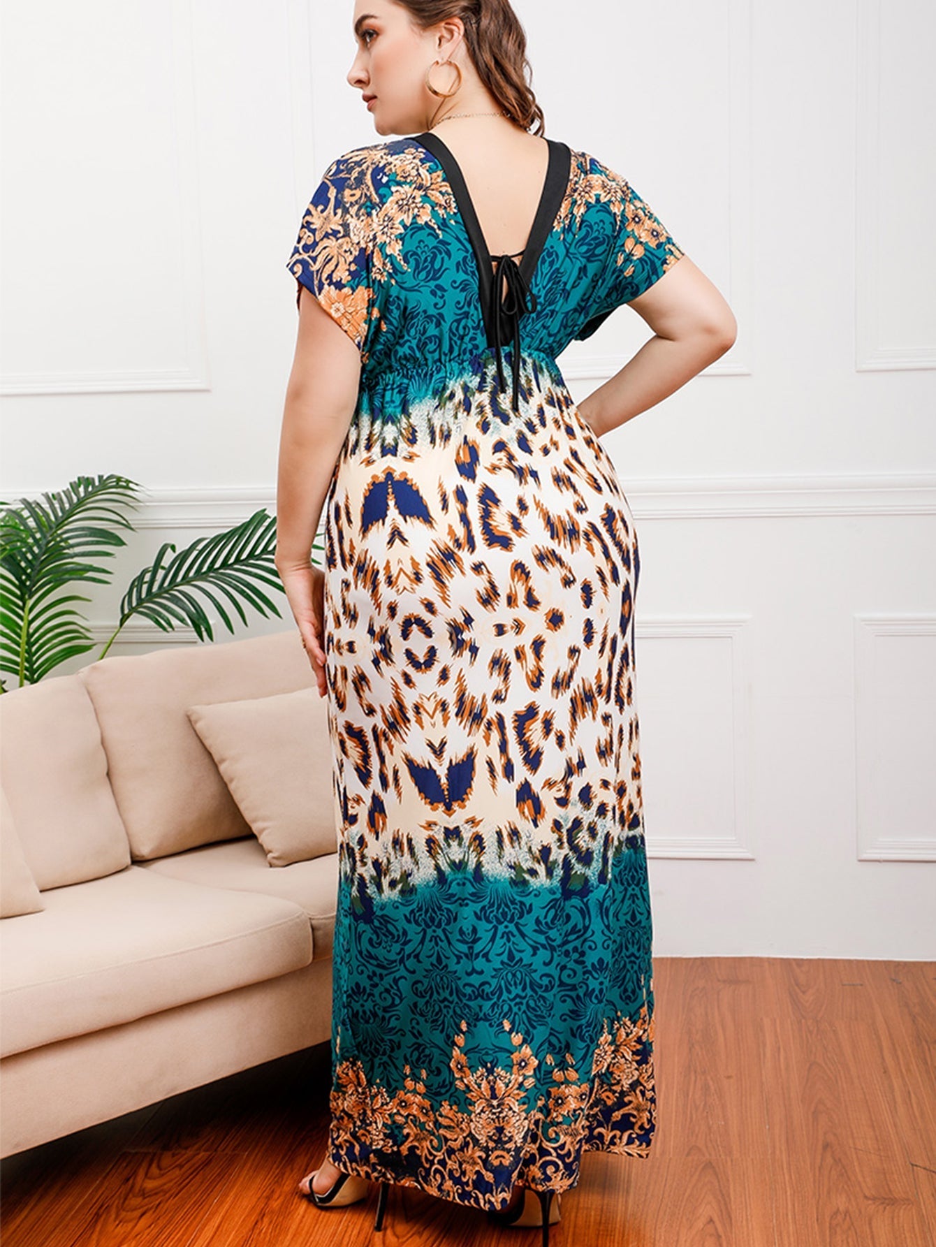 Plus size Black Leopard Smocked Waist Maxi Dress Sai Feel