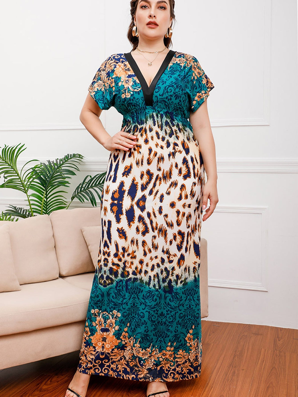 Plus size Black Leopard Smocked Waist Maxi Dress Sai Feel