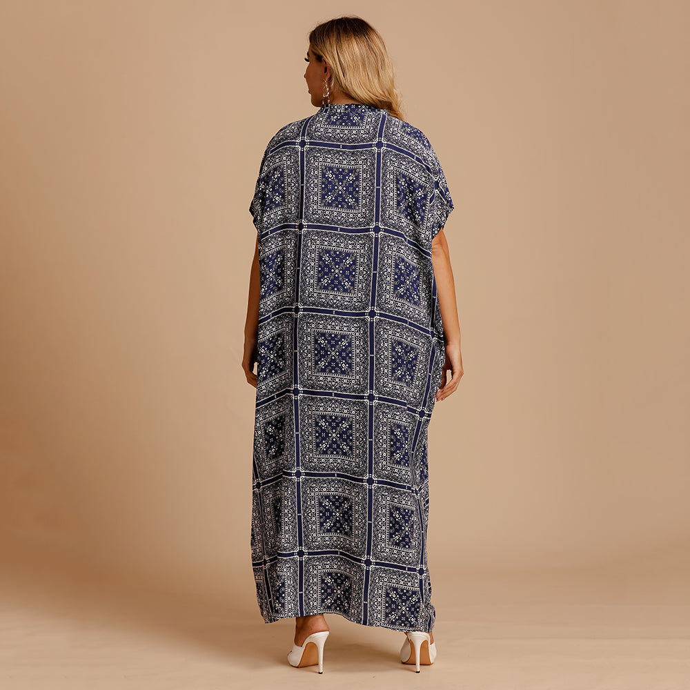 Plus-size Bohemian literary plaid print dress Sai Feel