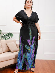 Plus size Feather Print Deep V-Neck High Waist Maxi Dress Sai Feel