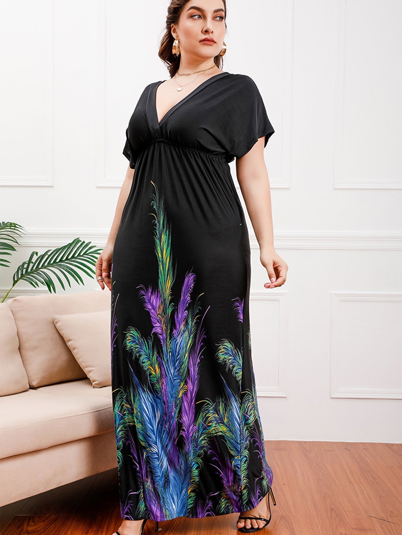 Plus size Feather Print Deep V-Neck High Waist Maxi Dress Sai Feel