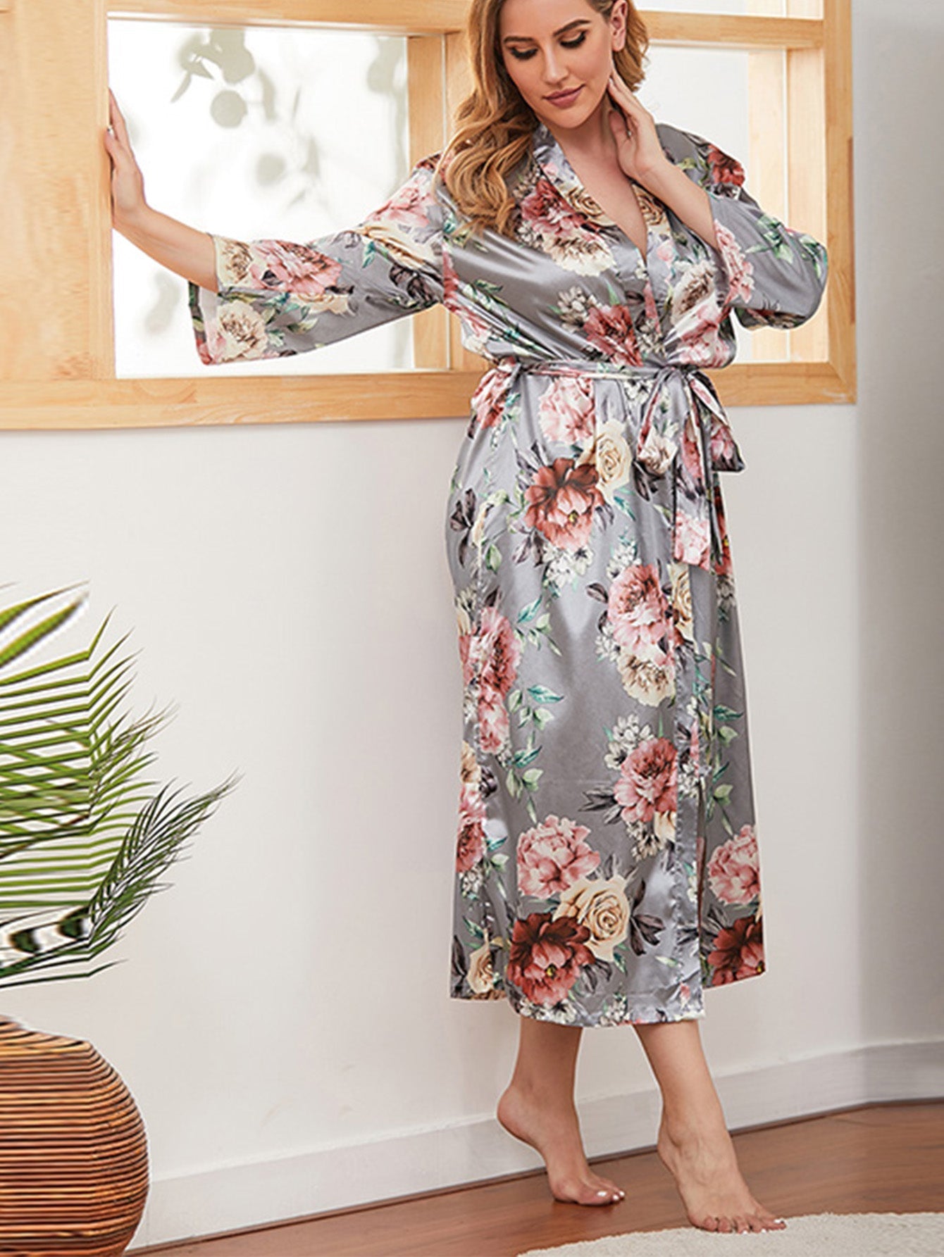 Plus size Floral print self Belt Satin Robe Sai Feel