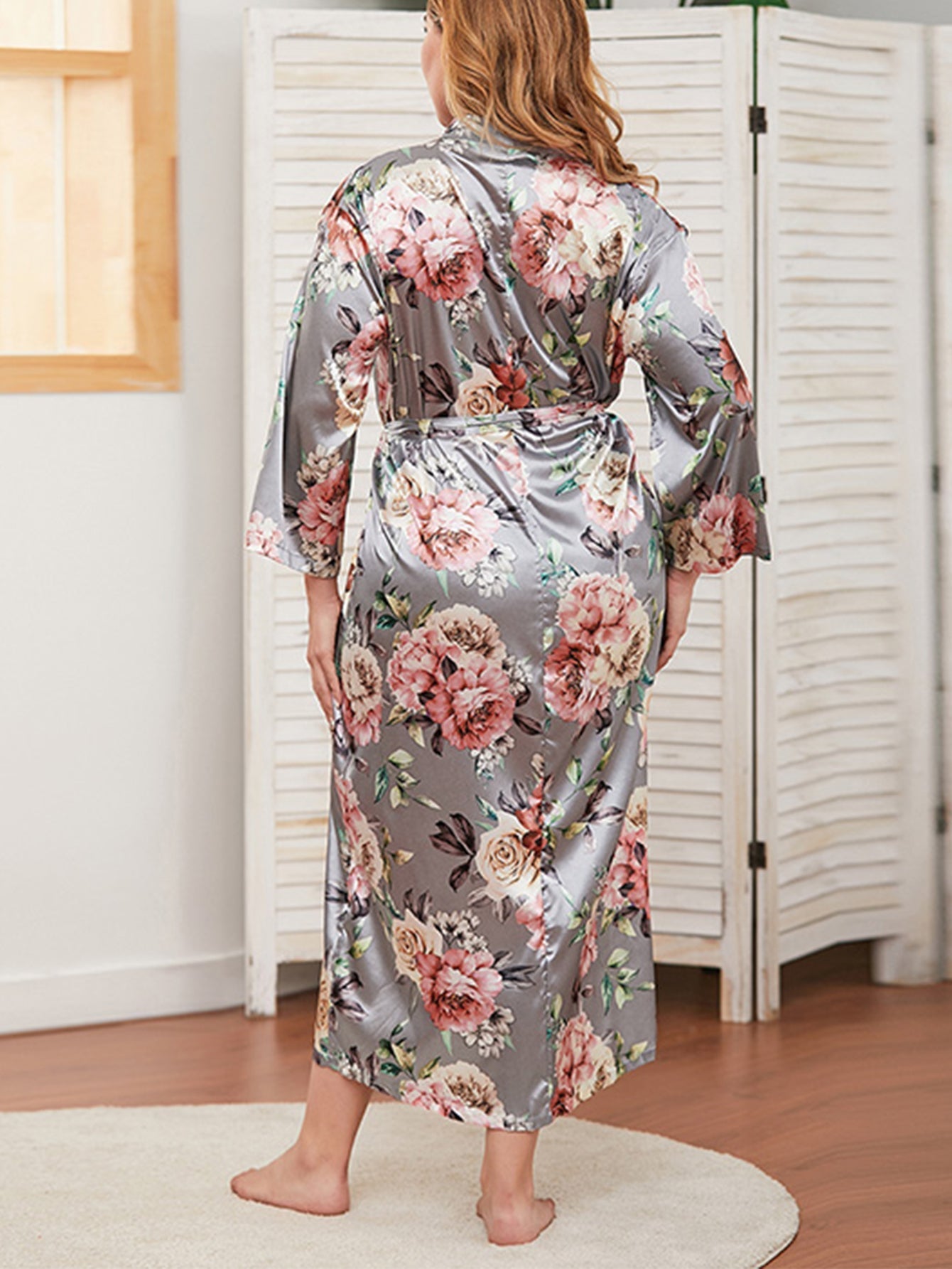 Plus size Floral print self Belt Satin Robe Sai Feel