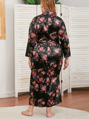 Plus size Floral print self Belt Satin Robe Sai Feel