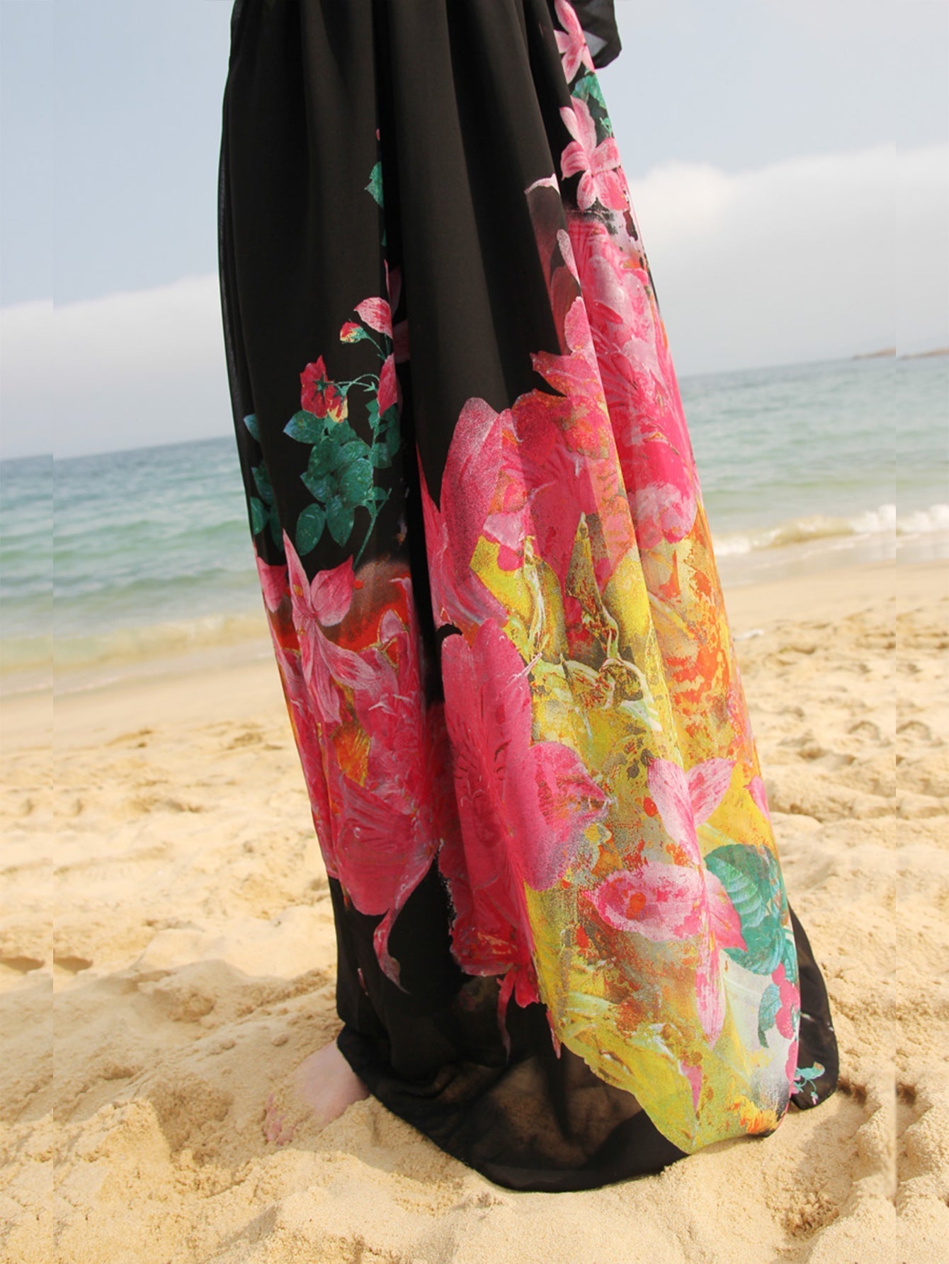 Plus size Flower Print Deep V-Neck High Waist Maxi Dress Beach Dress Sai Feel