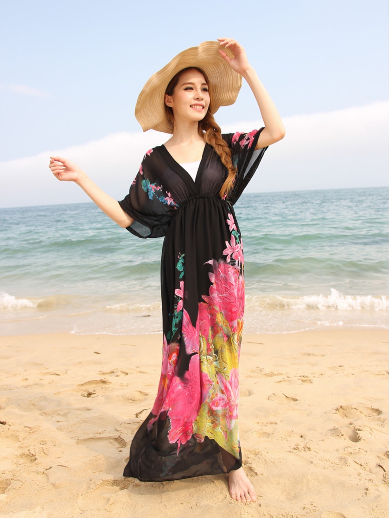 Plus size Flower Print Deep V-Neck High Waist Maxi Dress Beach Dress Sai Feel