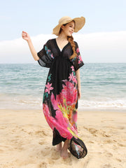Plus size Flower Print Deep V-Neck High Waist Maxi Dress Beach Dress Sai Feel