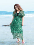 Plus size Green Plant Print Deep V-Neck High Waist Contrast Color Piping Dress Sai Feel