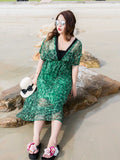 Plus size Green Plant Print Deep V-Neck High Waist Contrast Color Piping Dress Sai Feel