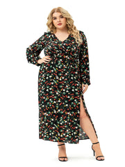 Plus size Long Sleeve V neck Slit Printd Dress Sai Feel