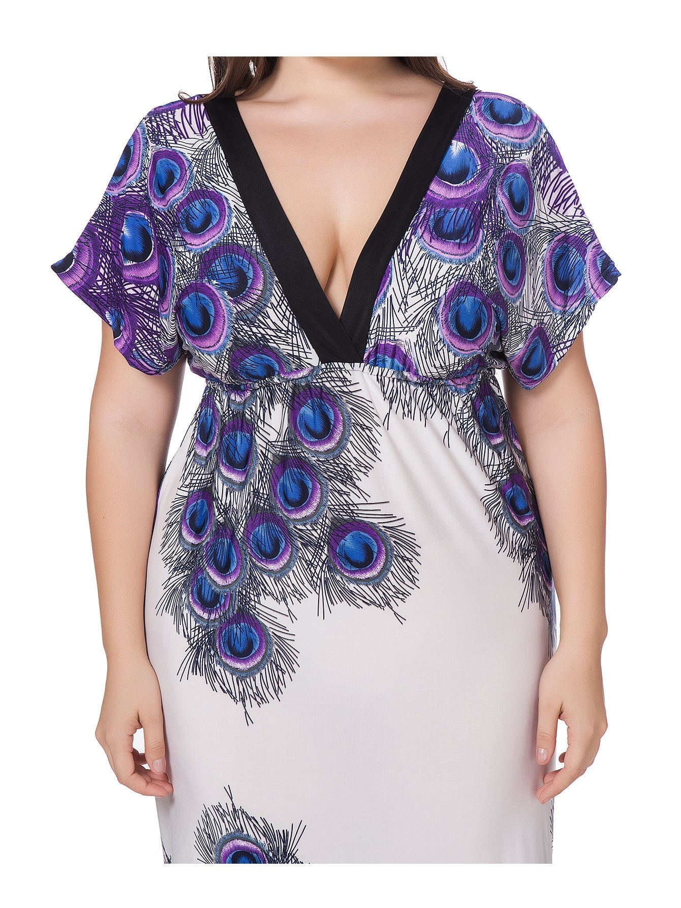 Plus size M-6XL Peacock Print Deep V-Neck High Waist Contrast Color Piping Maxi Dress Sai Feel