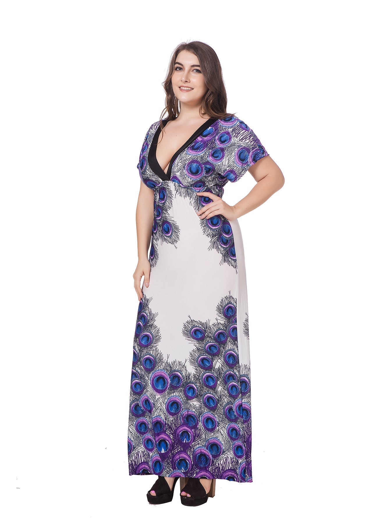 Plus size M-6XL Peacock Print Deep V-Neck High Waist Contrast Color Piping Maxi Dress Sai Feel