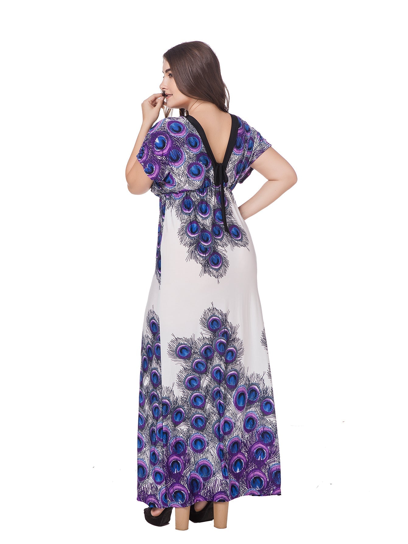 Plus size M-6XL Peacock Print Deep V-Neck High Waist Contrast Color Piping Maxi Dress Sai Feel