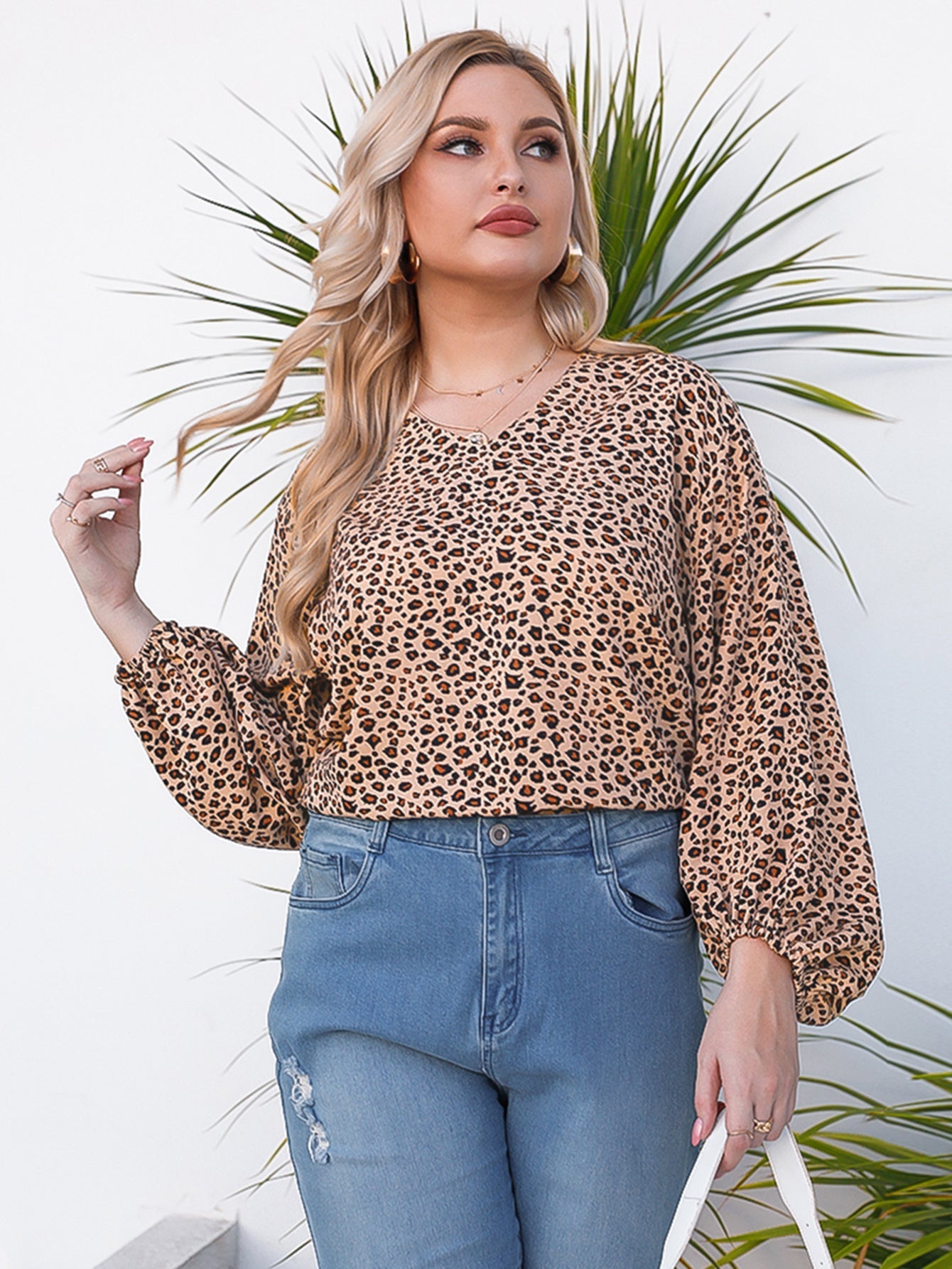 Plus-size Puff sleeve leopard print shirt blouse Sai Feel