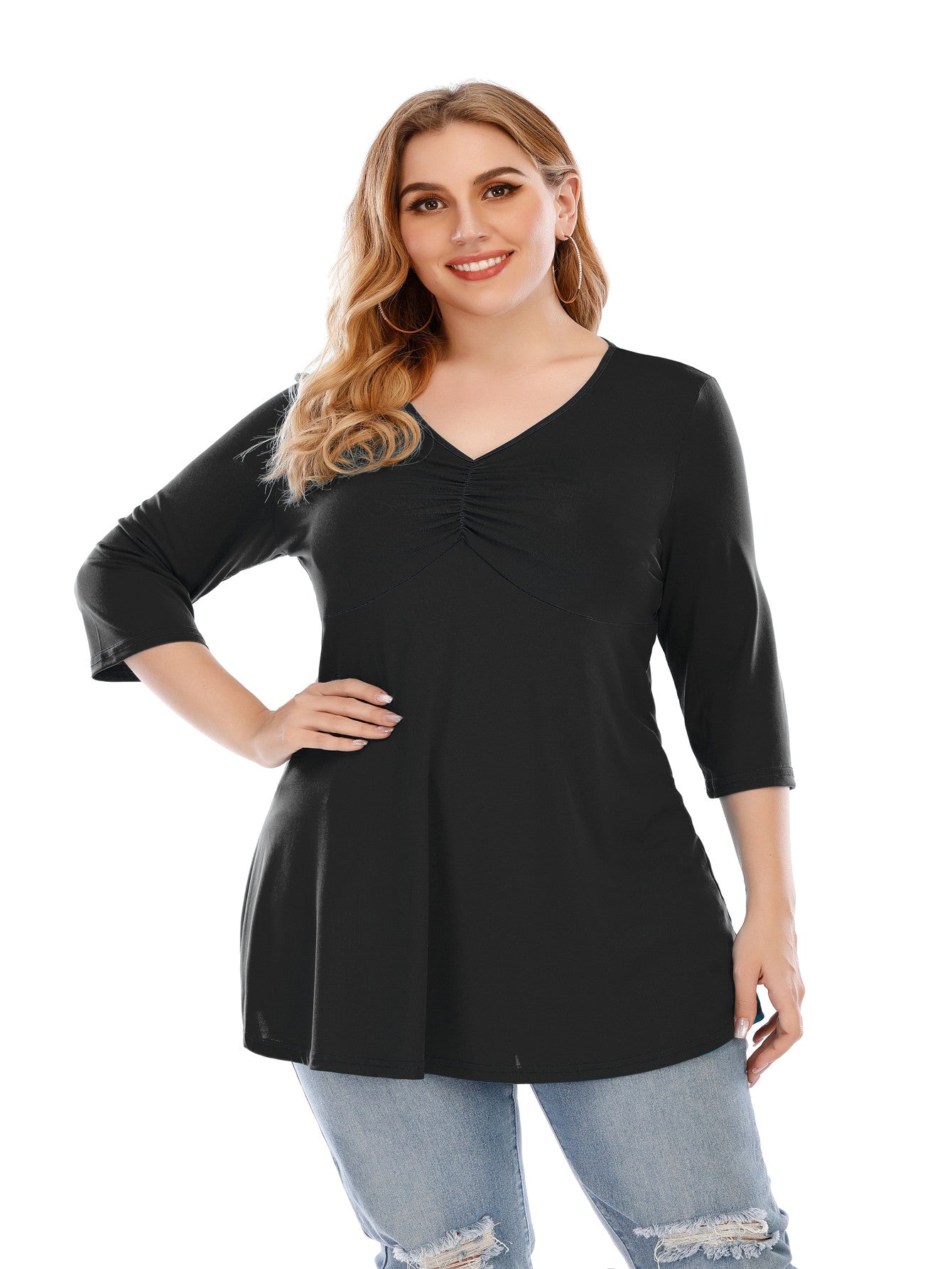 Plus size V neck 3/4 Sleeve Black Blouse Top for Women Sai Feel
