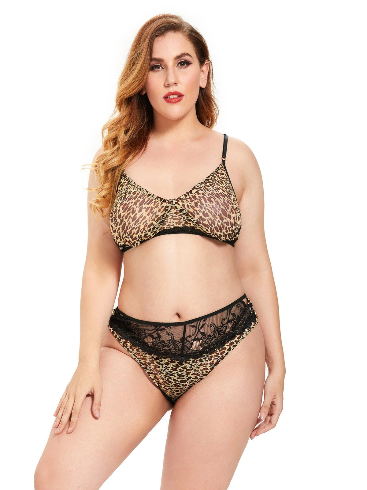 Plus size (XL-4XL) 2PCS Women's Underwear Lingerie Straps Bralette and Panty Set  Leopard design Sai Feel