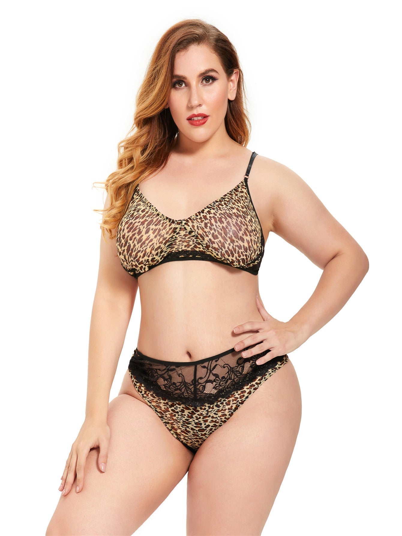 Plus size (XL-4XL) 2PCS Women's Underwear Lingerie Straps Bralette and Panty Set  Leopard design Sai Feel