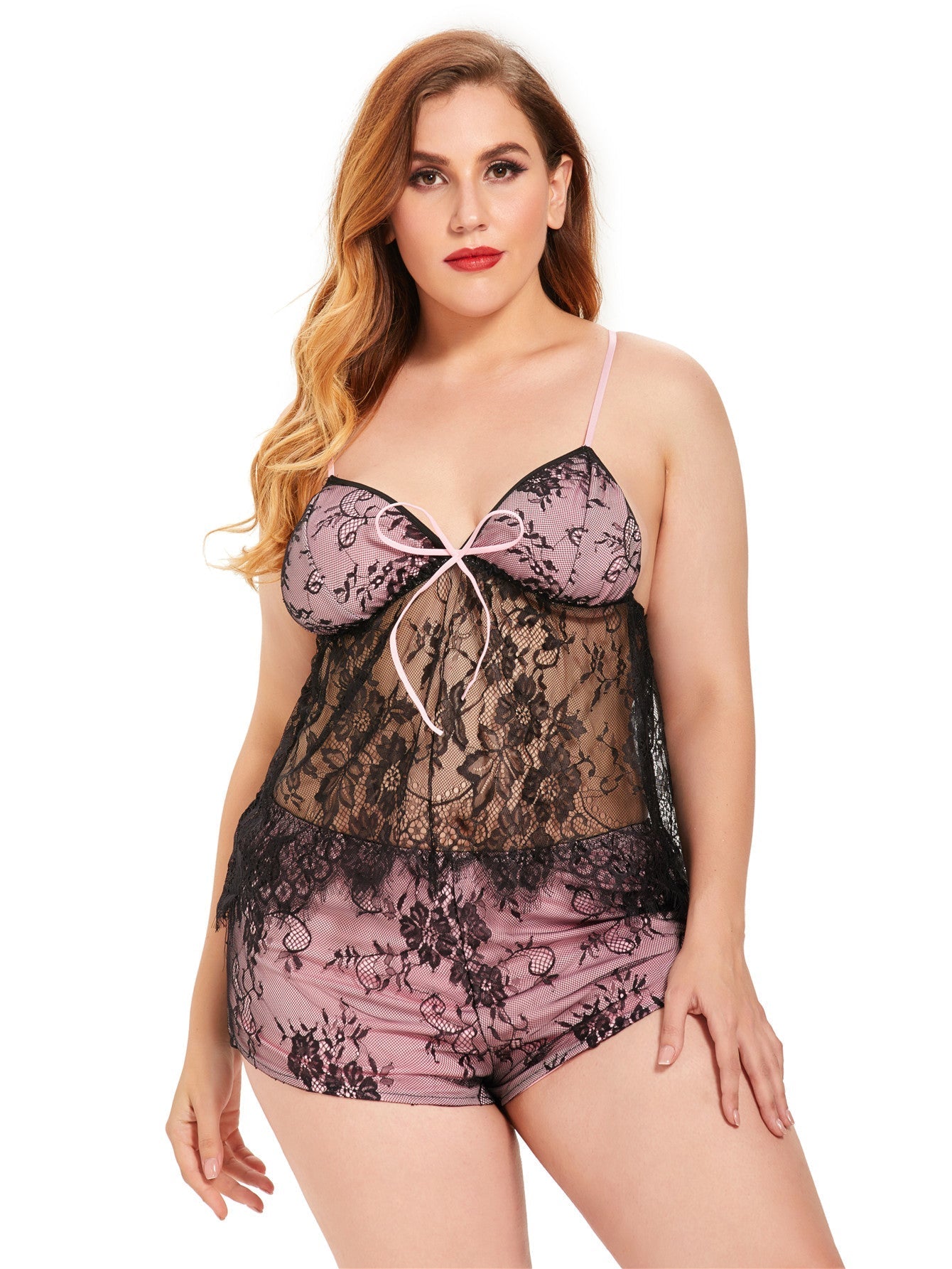 Plus size (XL-4XL) 2PCS Women's Underwear Lingerie floral lace see through mesh Strap Cami Tops and Panty Set Sai Feel