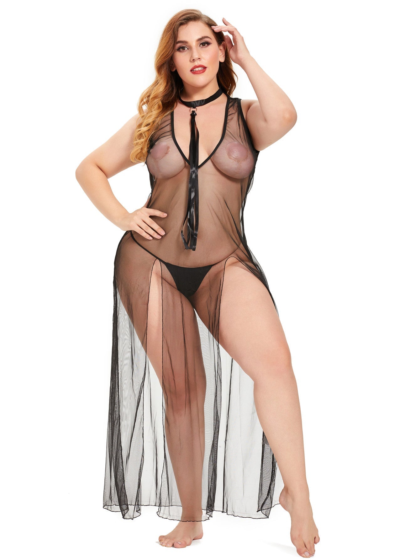 Plus size(XL-4XL)2PCS woman's sexy lingerie set,see through sheer long dress with tie, without thongs Sai Feel